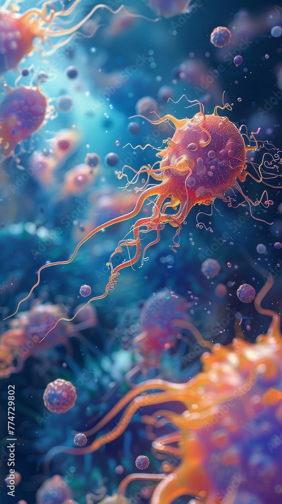 Bacteria and technology in harmony, illustrated as a unique, dynamic backdrop for the nextgen scientific breakthroughs , illustrator Bacteria and technology in harmony, illustrated as a unique, dynamic backdrop for the nextgen scientific breakthroughs , illustrator