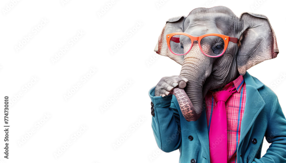 A portrait of the cool looking elephant wear in funny clothes with tie and jacket.
