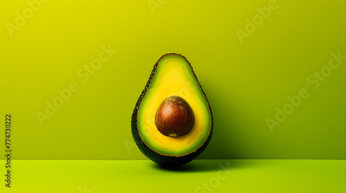 A vibrant HDR image of a green avocado half, with the pit, against a solid yellow background, creating a striking color contrast.