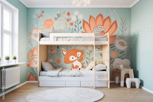 Adorable fox sits on a bunk bed in a whimsical floralfilled room photo