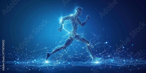 Running man low poly art. Exercise or marathon run polygonal illustrations on a blue background. © Nataliia