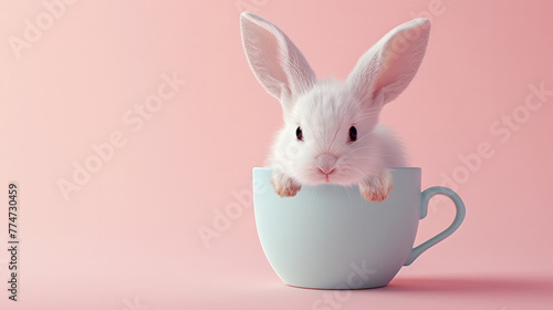 A cute white rabbit is sitting inside a white cup. a playful and whimsical mood, as the rabbit is in an unusual and unexpected location. a cup with a cute baby white bunny in it on pastel background © Nataliia_Trushchenko
