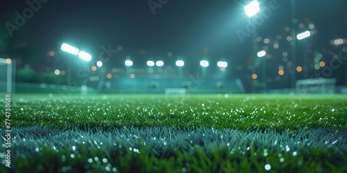 A fresh, green meadow made of grass that is wet from the first dew and is illuminated by the sun