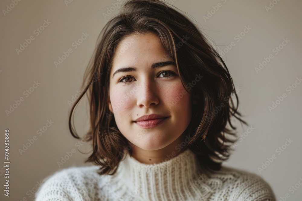 Portrait of a beautiful young brunette woman in a white sweater Portrait of a beautiful young brunette woman in a white sweater