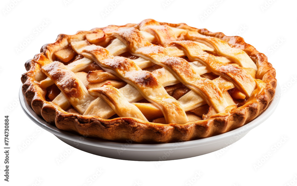 An apple pie sits elegantly on a white plate against a pristine white background An apple pie sits elegantly on a white plate against a pristine white background