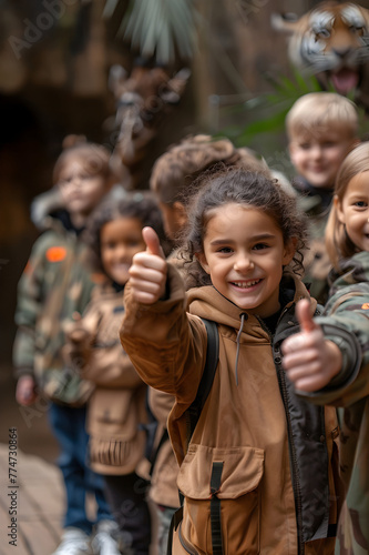 Group of children doing their dream job as Animal Keepers standing inside the animal pen in the zoo. Concept of Creativity, Happiness, Dream come true and Teamwork. © linda_vostrovska