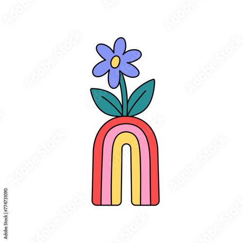 Abstract groovy flower growing in rainbow ornamented and shape pot. Funky plant in trippy patterned vase. Retro style sticker of houseplant. Flat isolated vector illustration on white background
