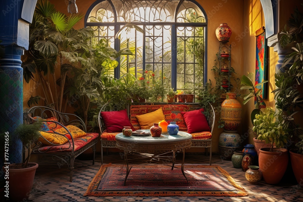 Obraz premium Small Mystical Moroccan Patio Oasis: Cozy Corner with Vibrant Colors