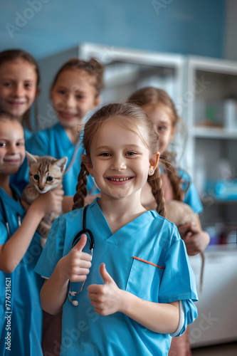Group of children doing their dream job as Veterinarians at the office. Concept of Creativity, Happiness, Dream come true and Teamwork.