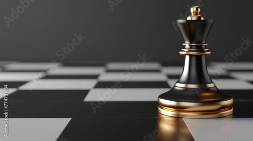 Three-dimensional render of a chess game piece, black rook with golden slim legs, classic checkered floor and abstract modern minimalism