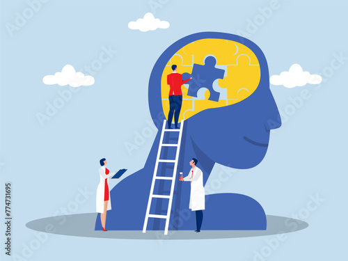 psychological help and support,man people putting puzzle pieces of person head   people treating personality disorder flat vector illustration. Mental health concept