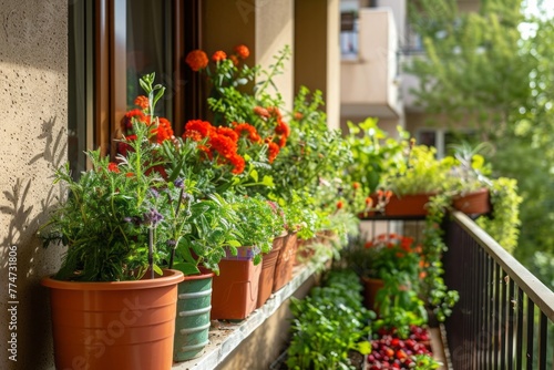 Balcony filled with container plants and herbs