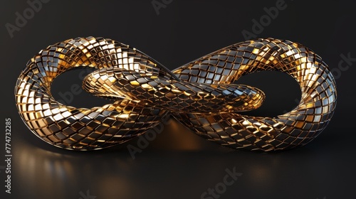 3D render, abstract twisted infinity symbol with metallic dragon scale texture, golden snake, clip art isolated on black photo
