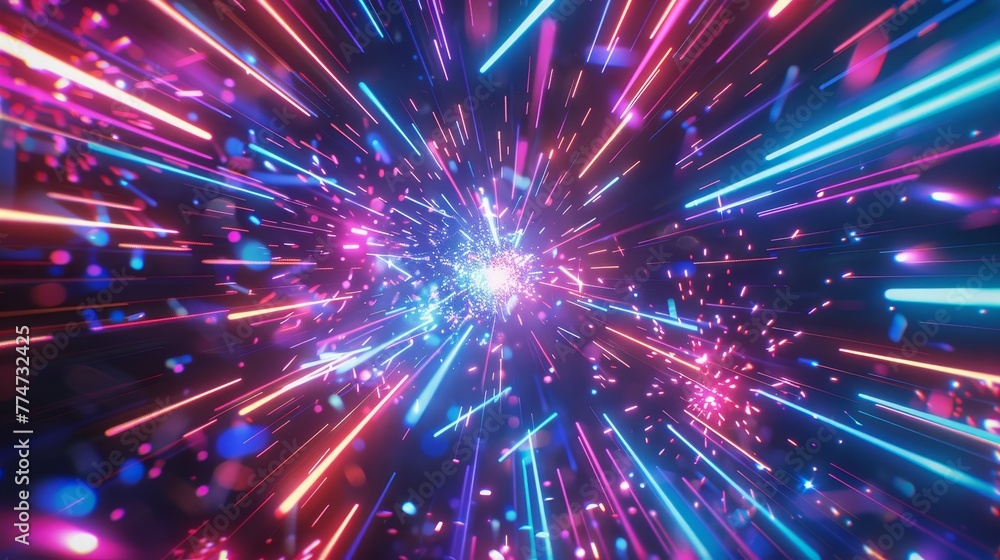 A 3D render of a neon background with chaotic glowing lines, laser beams and colorful firework bursts