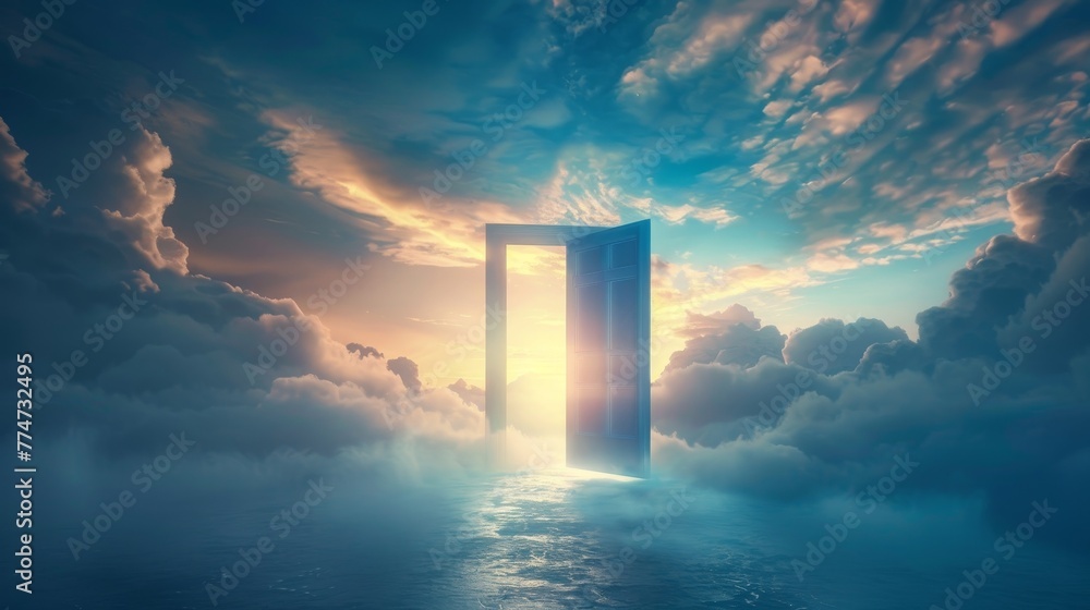 3D rendering of an abstract modern background with bright light rays shining through a blue door in the sky with clouds, representing hope.