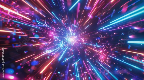 A 3D render of a neon background with chaotic glowing lines, laser beams and colorful firework bursts