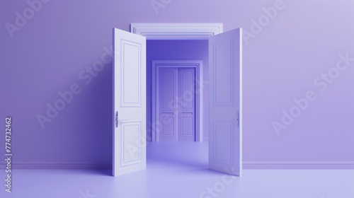 In this 3D render  a double door opens with a white blank space inside. An architectural or interior element is isolated on a violet background.