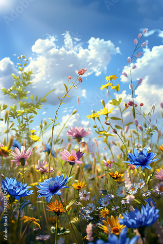 Closeup of summer meadow with colorful flowers, blue sky and sunshine in the background.