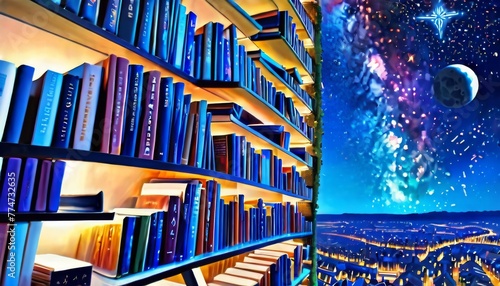 A vibrant bookshelf reaching into a star-splattered sky, merging the realms of literature and the expansive cosmos AI generation photo