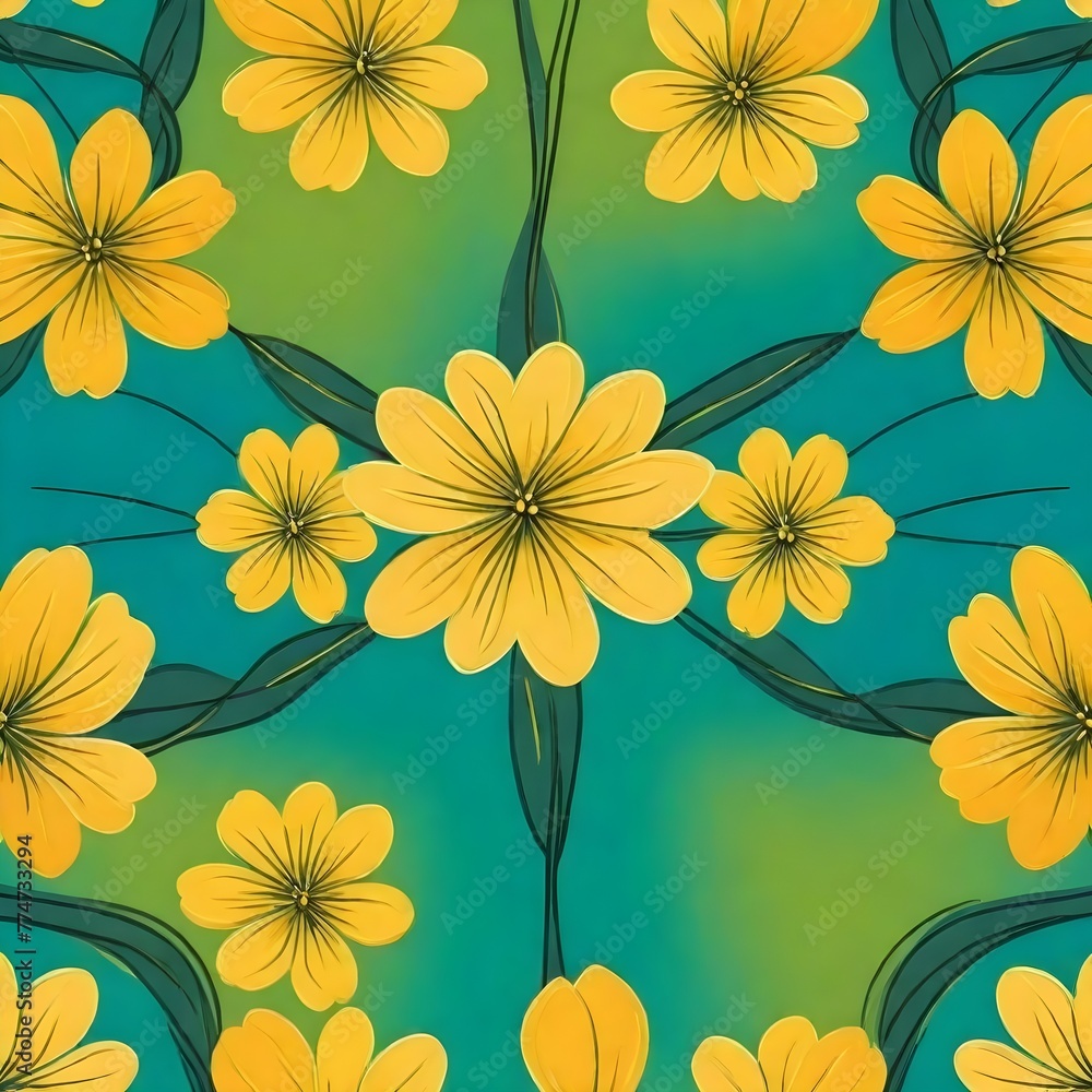 Obraz premium Yellow flowers and green leaves on yellow green