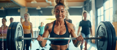 An enthusiastic muscular young woman performing barbell dead lift exercises with other students while sporting a ponytail and black tights