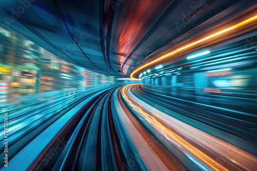 Moving with high speed in a tunnel. Transport industry. Motion blur. Created with Generative AI technology. © Artem