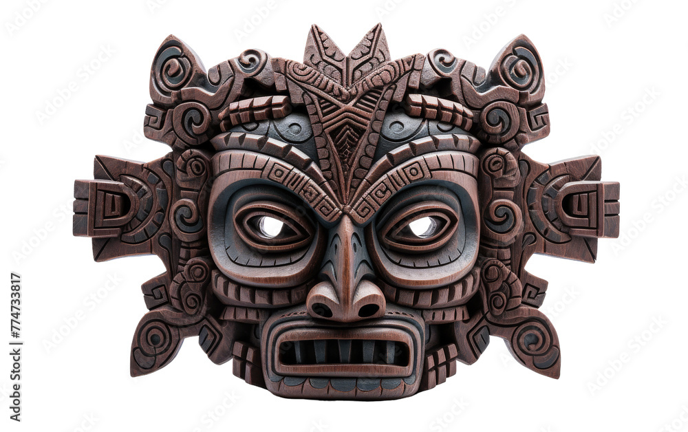 Naklejka premium A detailed wooden mask carved with intricate patterns and natural elements