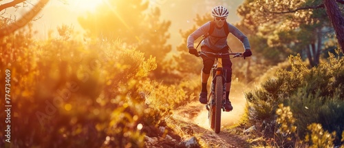 Taking part in extreme mountain bike sports, a man rides down a lifestyle trail in the outdoors