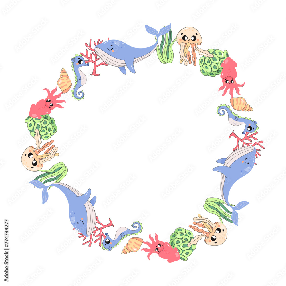 frame, border, of sea creatures, fish. summer marine, underwater frame. jellyfish, whale, squid, seahorse frame, border, of sea creatures, fish. summer marine, underwater frame. jellyfish, whale, squid, seahorse