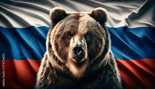 A formidable brown bear stands before the flowing Russian flag, symbolizing the nation's strength and spirit photo