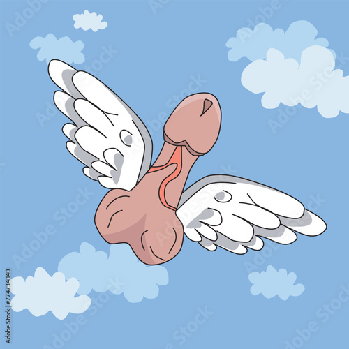 A genital chelen with testicles. A penis with wings flying against a blue sky with clouds. Male genitals. Vector illustration for design and web.