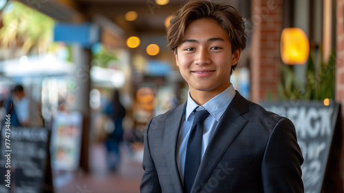 Confident young businessman smiling in an urban setting with restaurants in the background.