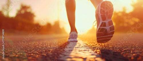 Women fitness sunrise jog workout welness concept. Runner feet running on road closeup on shoe.