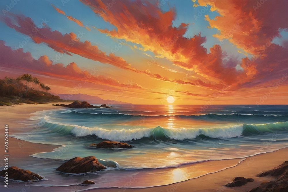 dramatic painting of a Serene beach sunset with waves and palm tree silhouettes under a vibrant sky. generative ai dramatic painting of a Serene beach sunset with waves and palm tree silhouettes under a vibrant sky. generative ai