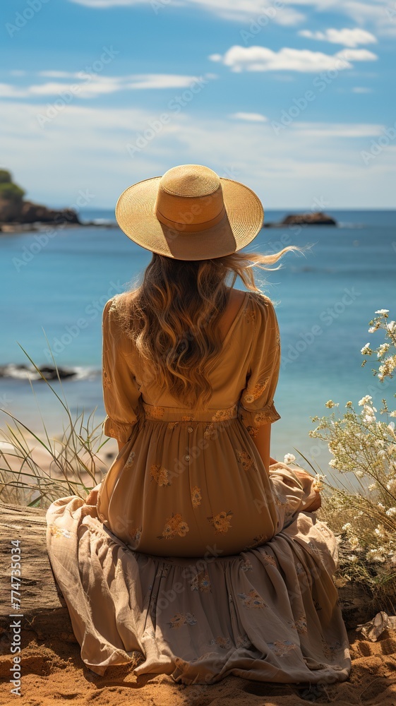 vertical photograph of a woman sitting on a rock calmly observing the horizon where you can see a calm sea next to cliffs on a clear day.