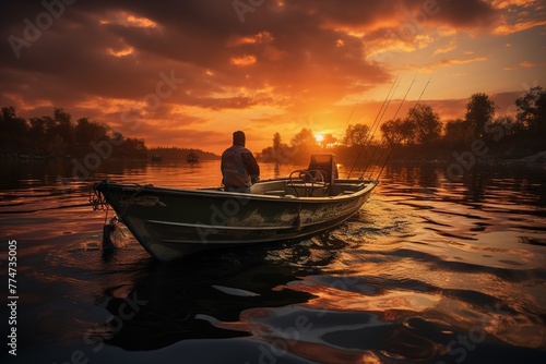 illustration of a lone fisherman in a boat in the middle of a river or lake at dusk