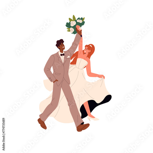 Newlywed family celebrates marriage. Happy interracial couple holds hands, carries bridal flower bouquet. Cute bride in wedding dress. Bridegroom in suit. Flat isolated vector illustration on white