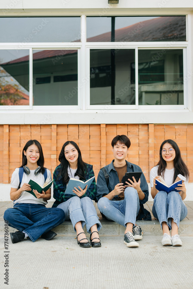 Obraz premium Young Asian college students and a female student group work at the campus park