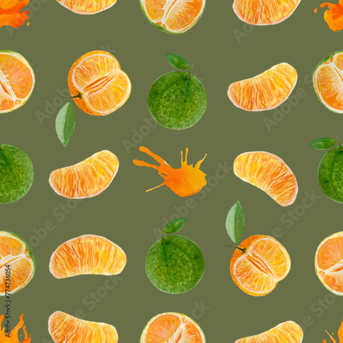 Green and orange tangerine and color splash watercolor seamless pattern on olive green