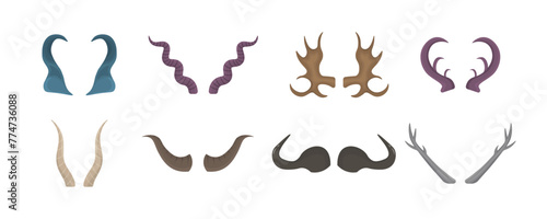 Horny hunting trophy of argali sheep, ibex, african buffalo, stag and reindeer. Icons in flat design. Set of horn of different animals isolated on a white background.