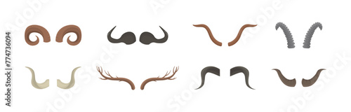 Horny hunting trophy of argali sheep, ibex, african buffalo, stag and reindeer. Icons in flat design. Set of horn of different animals isolated on a white background.