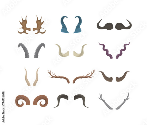 Horny hunting trophy of argali sheep, ibex, african buffalo, stag and reindeer. Icons in flat design. Set of horn of different animals isolated on a white background.