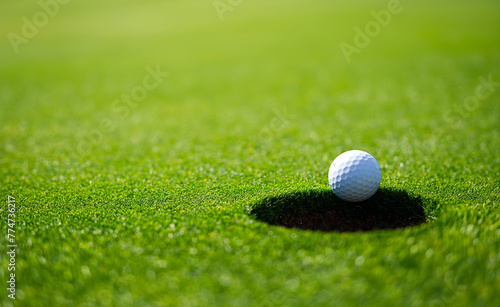 Golf ball near hole on vibrant green course.