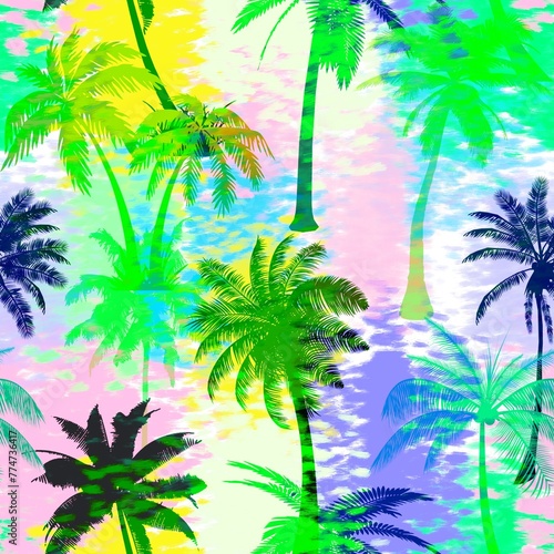 Abstract Digital Paint Watercolor Tropical Palm Trees Seamless Textile Pattern with Brush Strokes Tie Dye Background