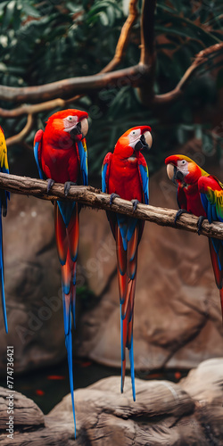 Papagaios Coloridos em Galhos de Árvore photo