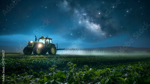 Nighttime Crop Treatment Tractor with Sprayer Arms Extended in a Vast Green Farmland Under a Starry Sky and Moonlit Atmosphere generative ai photo