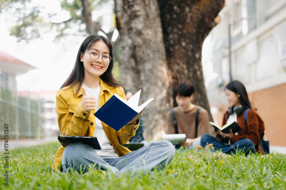 Obraz premium Asian Students are studying the campus park. Young people are spending time together. Reading book, working with laptop and tablet