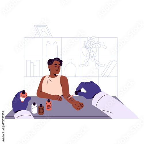 Doctor, medic does allergy prick test for boy. Pediatrician researches reactions to allergens on kids hand. Pediatric allergist examines child in lab. Flat isolated vector illustration on white