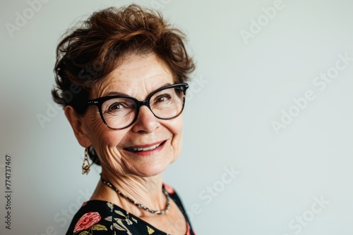 Portrait of a happy senior woman with glasses. Studio shot.