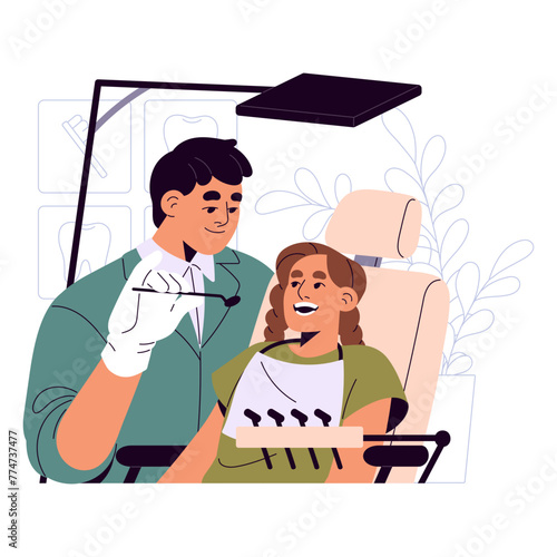 Children stomatology. Pediatric dentist examine kid, brushing tooth with equipment. Pediatrician care about oral health, hygiene. Dentistry medic treatment. Flat isolated vector illustration on white